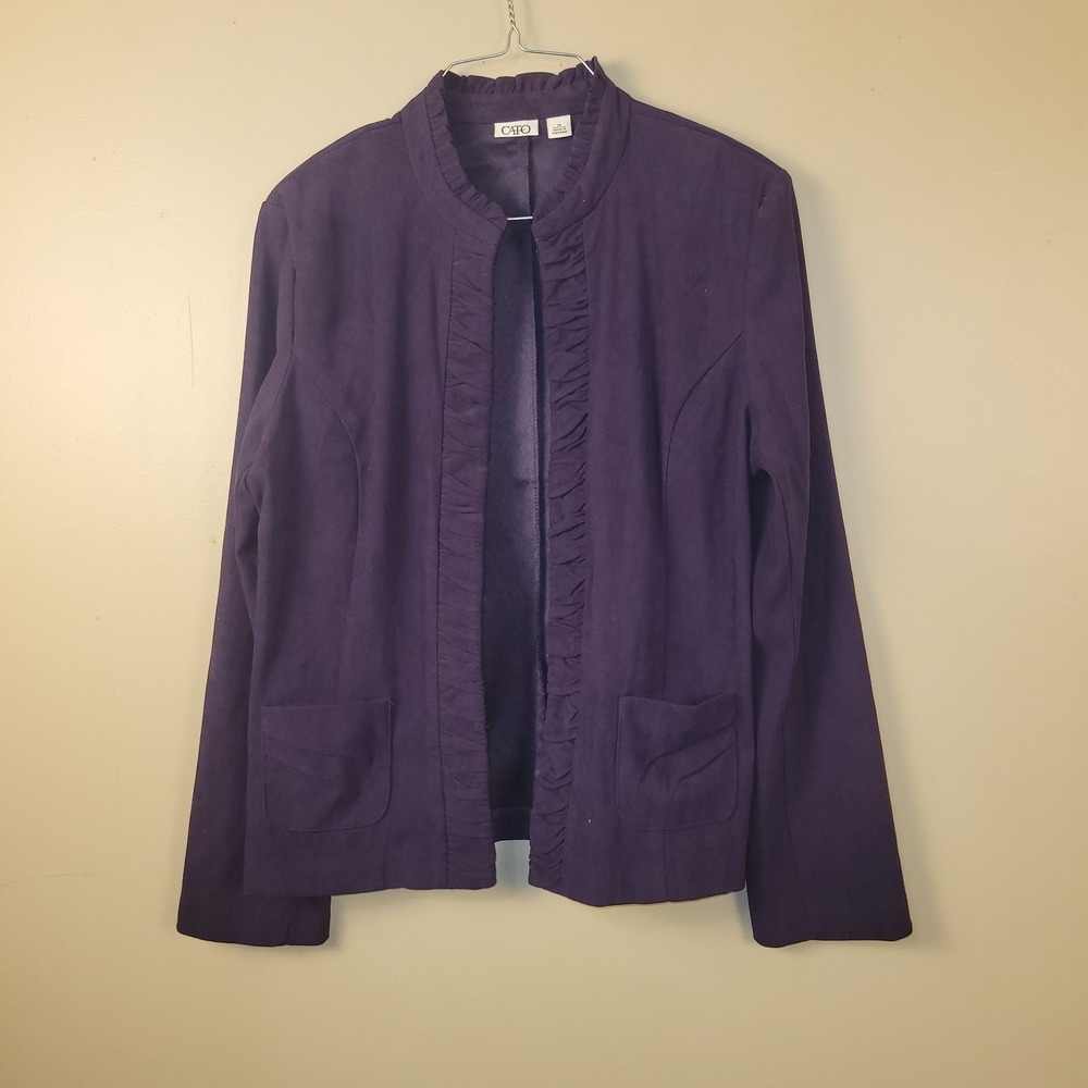 Cato‎ Women's Purple Open Front Jacket Size 14 Ruffle Collar Pockets Career